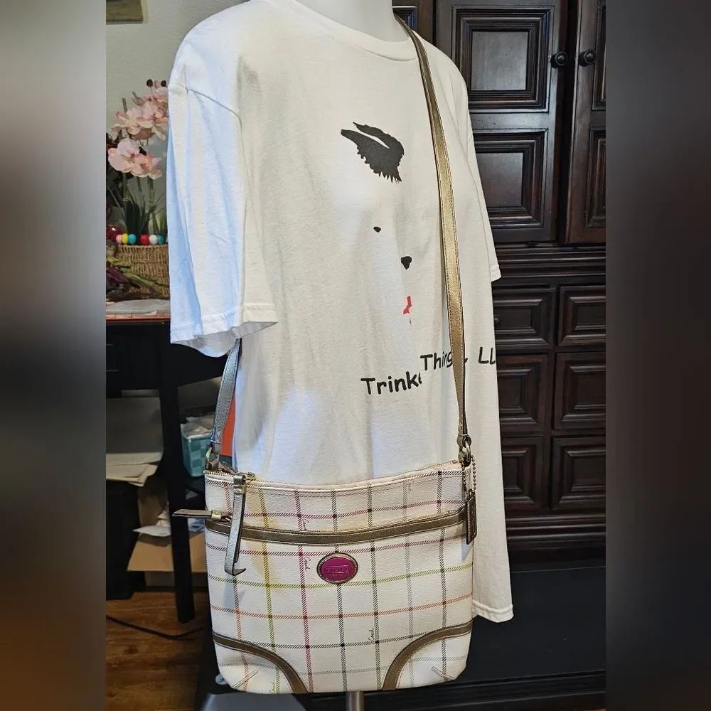 Coach White Plaid Crossbody Bag with Gold Trim